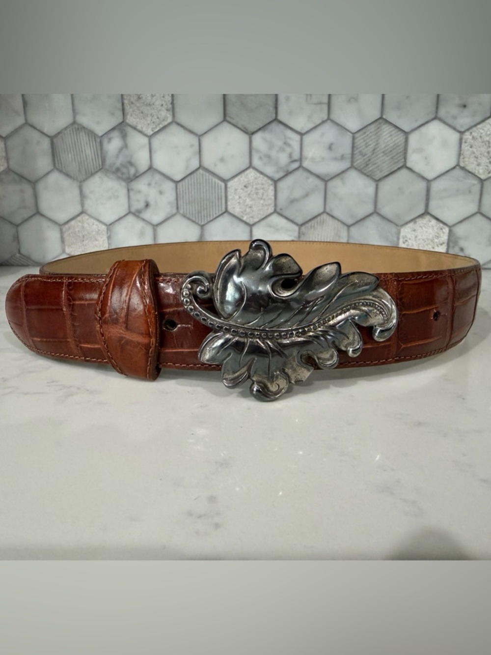 Brighton Brown Croc-Embossed Leather Belt with Ornate Silver Buckle XS
